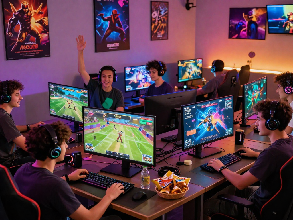 Exciting group gaming experience on Raja 328 platform with friends at brightly lit lounge.