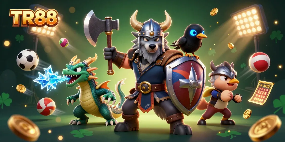 Win big with TR88, featuring a heroic Viking wolf warrior and fierce dragon amidst dynamic sports elements.