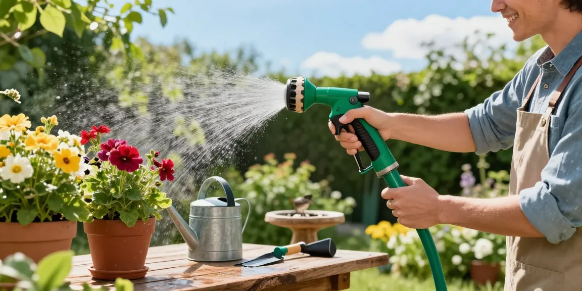 Using the best hose nozzle to water vibrant flowers in a sunny garden.