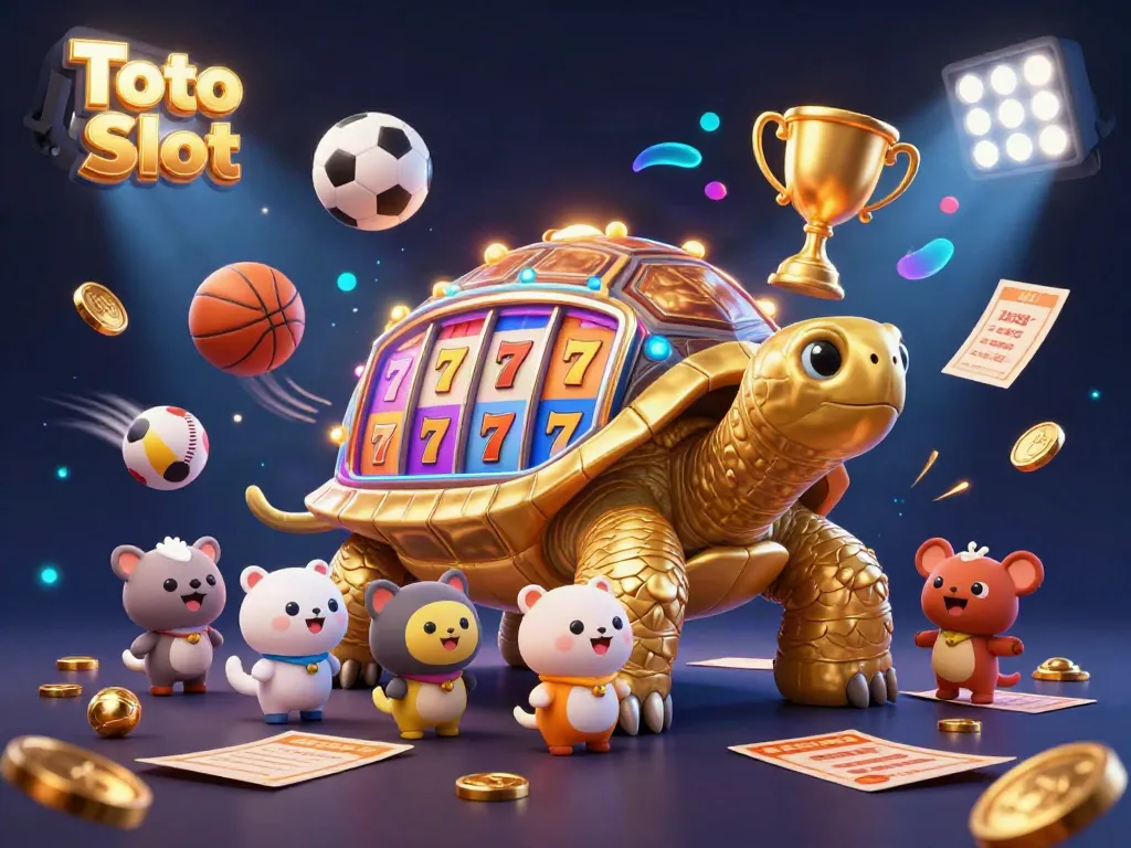 Permainan Toto Slot menampilkan kura-kura emas yang berfungsi sebagai mesin slot dengan simbol beruntung, dikelilingi oleh hewan kecil yang antusias.