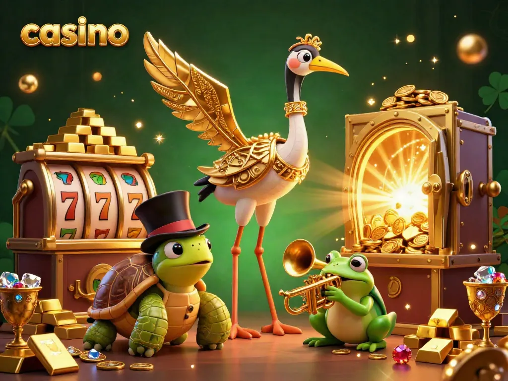 Experience the vibrant casino scene with slot reels, gold bars, and lively characters.
