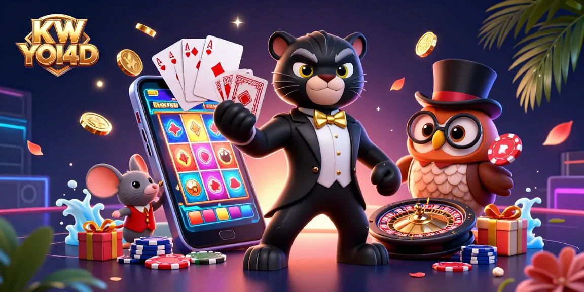 Taruhan dengan KW YOI4D, panther hitam ceria dealing kartu dan teman-teman kasino.