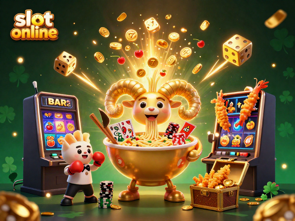 Bermain slot online dengan slot mesin 3D, karakter ramen, dan perayaan jackpot di latar belakang berkilau.