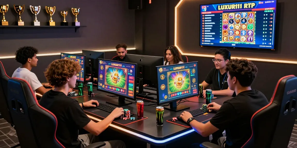Suasana santai di lounge permainan, teman-teman bersaing dalam permainan slot online LUXURY111 RTP, terlihat antusias dan penuh energi.
