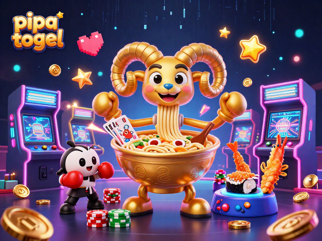 Pipa togel-themed illustration featuring a cartoon ramen bowl and dynamic casino elements.