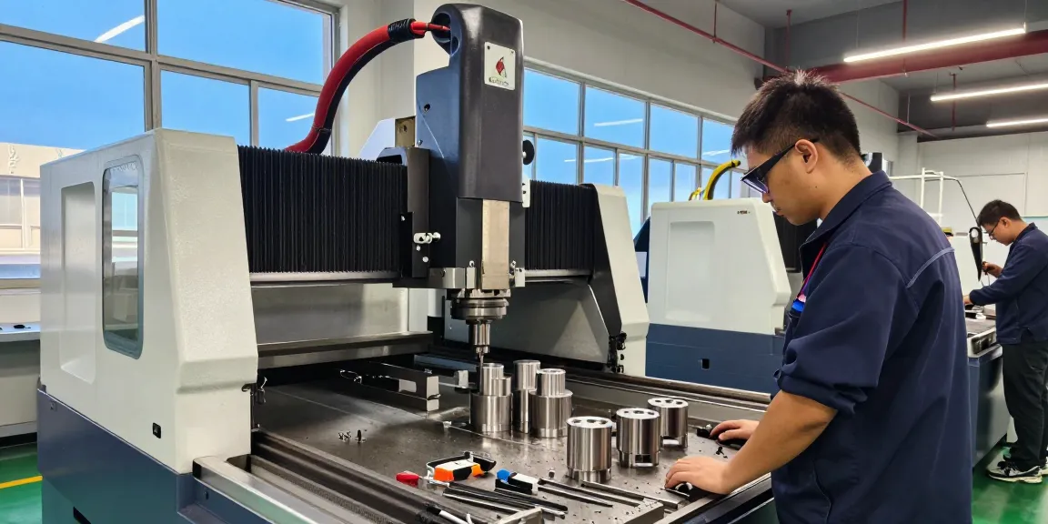 CNC milling services in a modern manufacturing workshop with a technician operating machinery.