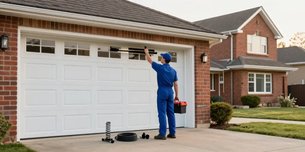 Expert garage door repairs in Eden Hill, technician inspecting a roller door with tools and spare parts.
