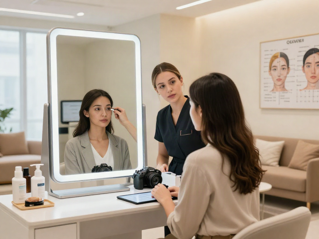 Client receiving facial analysis at modern clinic showcasing ClinicEvo cheaper than QOVES services.