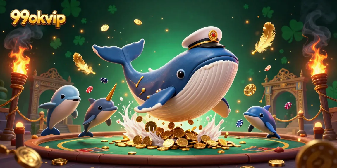 Experience 99okvip with a vibrant whale, narwhal, and dolphins at a casino-themed adventure.