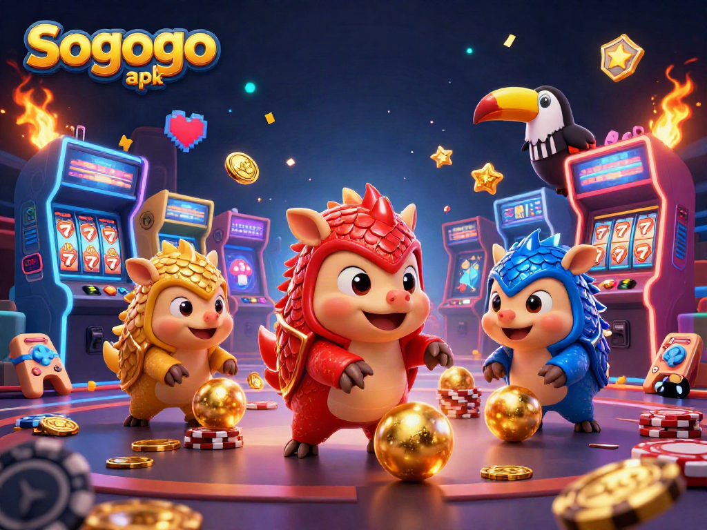 Sogogo apk showcases a vibrant 3D illustration with animated pangolins engaging in exciting casino gaming.