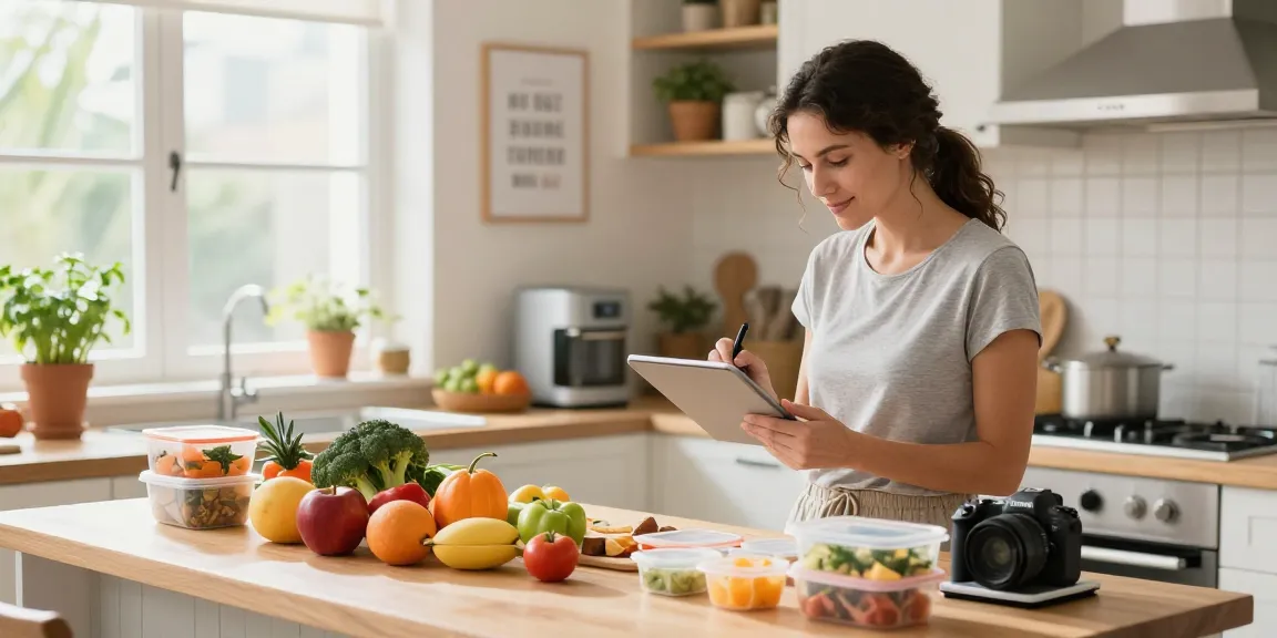 Logging meals using the best calorie tracking app in a bright kitchen.