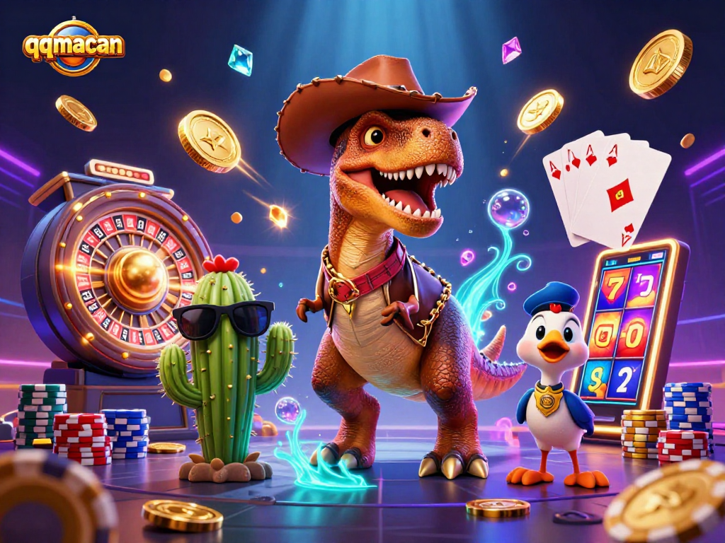 Engage in thrilling gameplay at qqmacan with vibrant T-Rex characters and casino excitement.