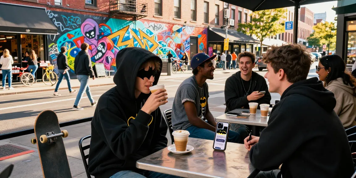 Person in bat-themed hoodie enjoying coffee and exploring batmanloyal.com in a vibrant urban setting.