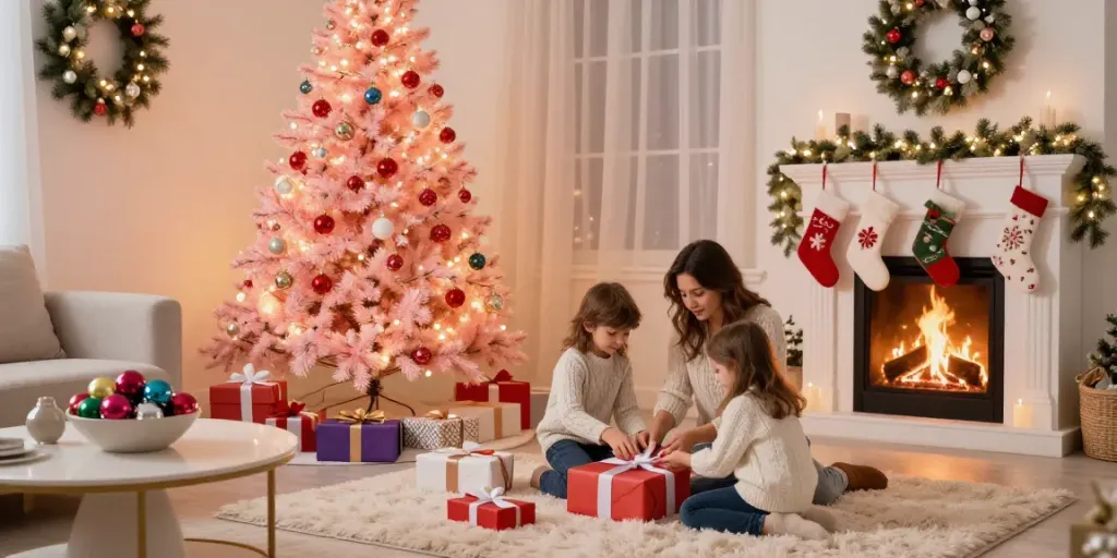 Festive holiday living room with a pink Christmas tree decorated elegantly for a joyful celebration.