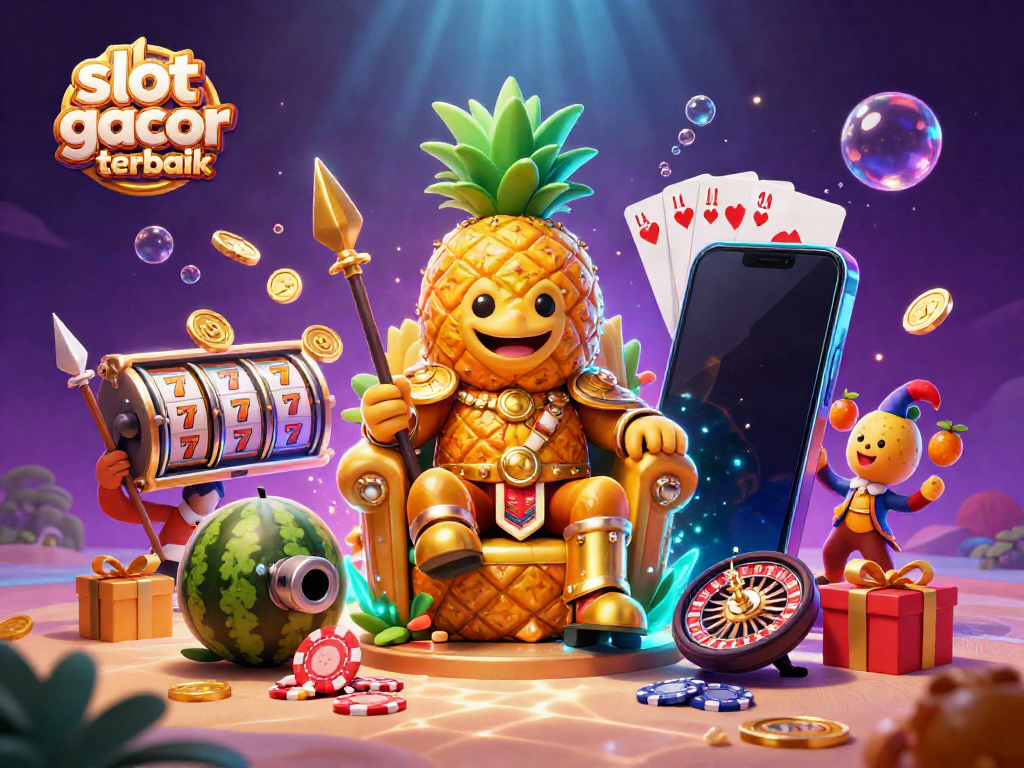 Menyelami slot gacor terbaik dengan karakter kartun 3D, raja nanas emas, dan elemen permainan kasino yang penuh warna.