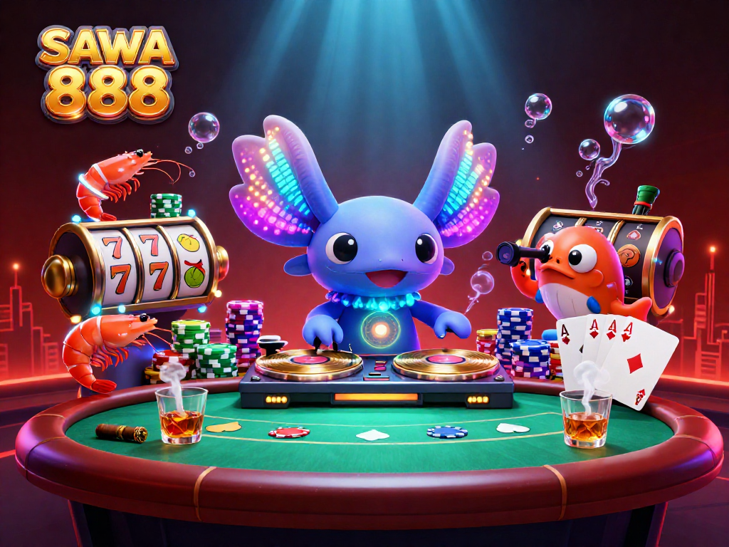 SAWA 888 players enjoy vibrant slot games with neon characters celebrating wins and dynamic casino elements.