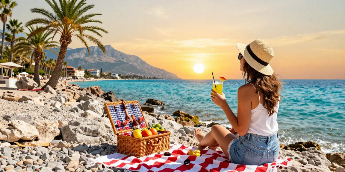 Weather in Antalya shines as a traveler relaxes on a beach at sunset, enjoying the Mediterranean scenery.