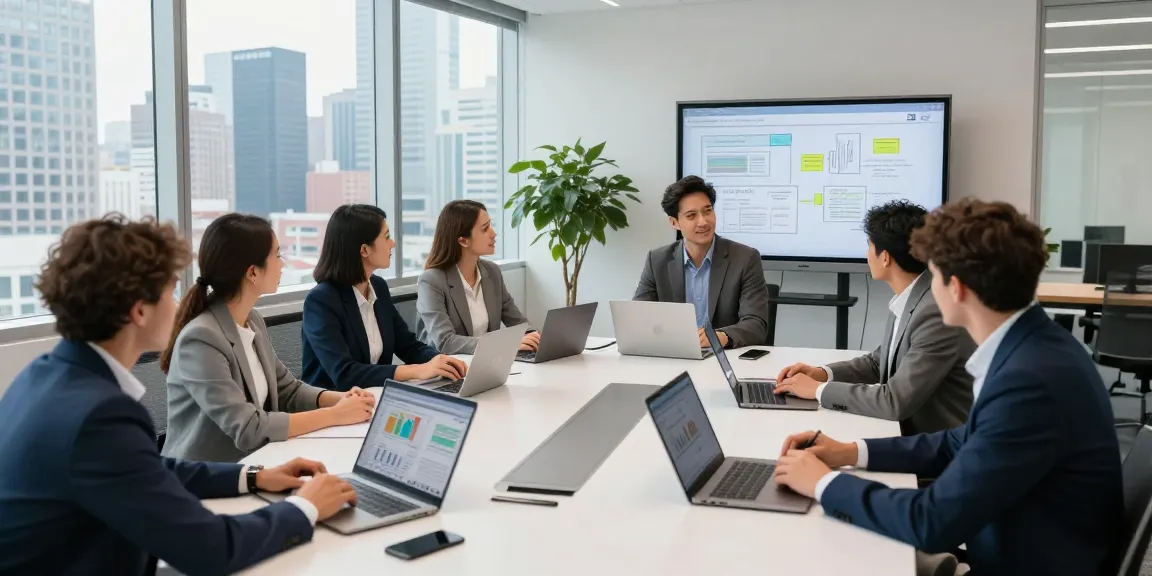 Nathan Garries facilitating a business meeting with diverse team members in a modern office.