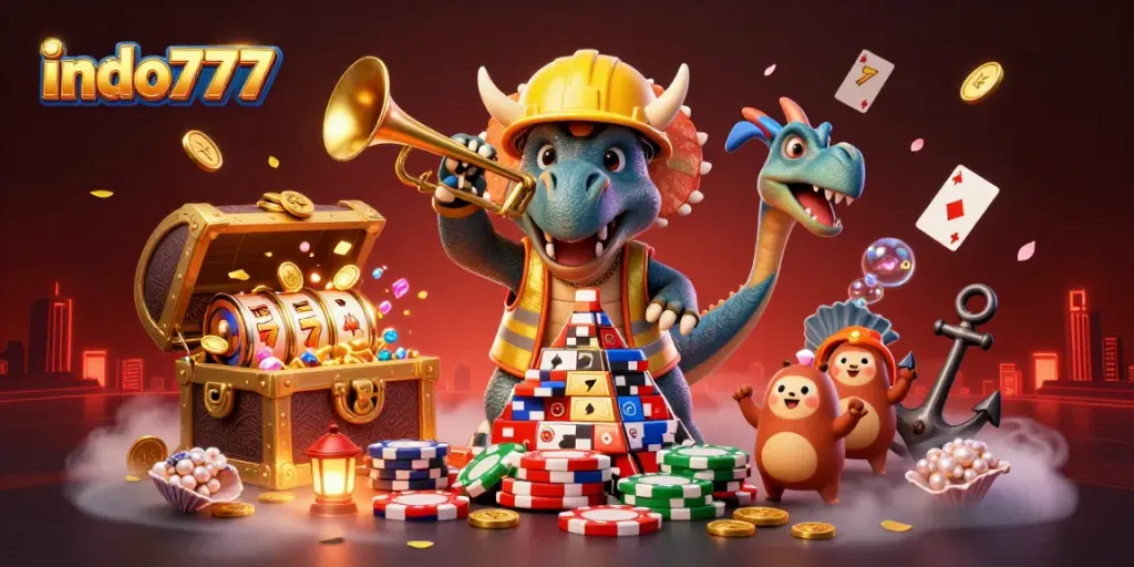 Pengalaman bermain slot di indo777 dengan dinosaurus kartun dan chip poker yang menarik.