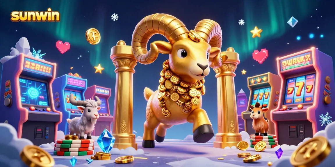 Experience the thrill of sunwin gaming with a golden ram charging toward jackpot reels amidst colorful arcade machines.