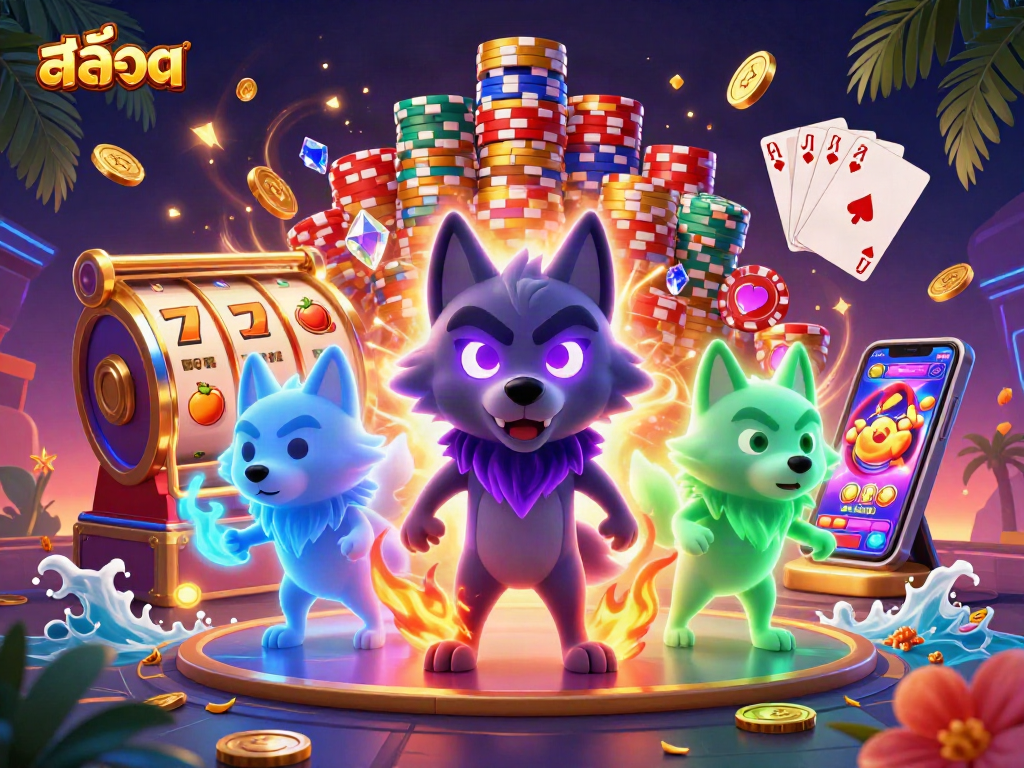 Spin the สล็อต reels with vibrant ghostly wolves and shimmering casino elements.