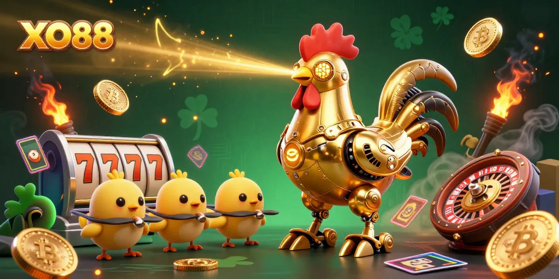 Engage with XO88's vibrant 3D illustration showcasing thrilling casino elements and a futuristic golden rooster robot.