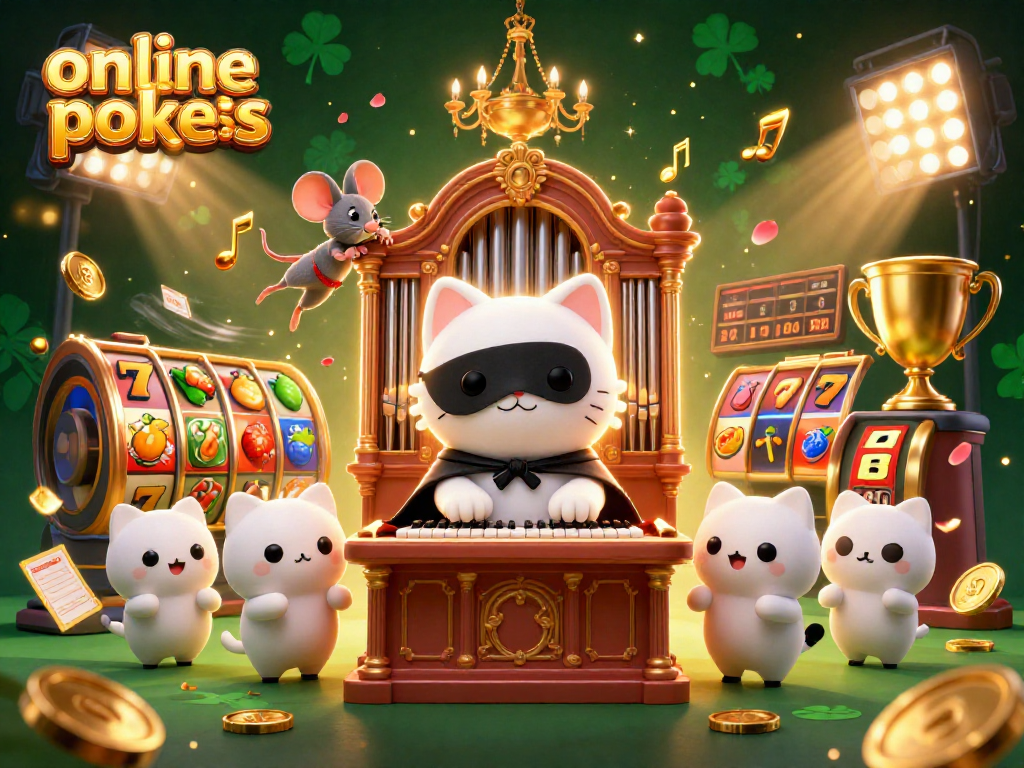 Explore top online pokies with a whimsical cat at a casino organ amid vibrant game elements.