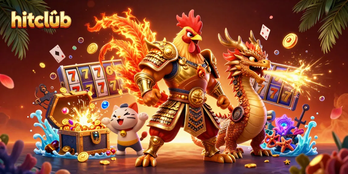 hitclub features a dynamic scene with cartoon warriors and slot reels bursting with coins