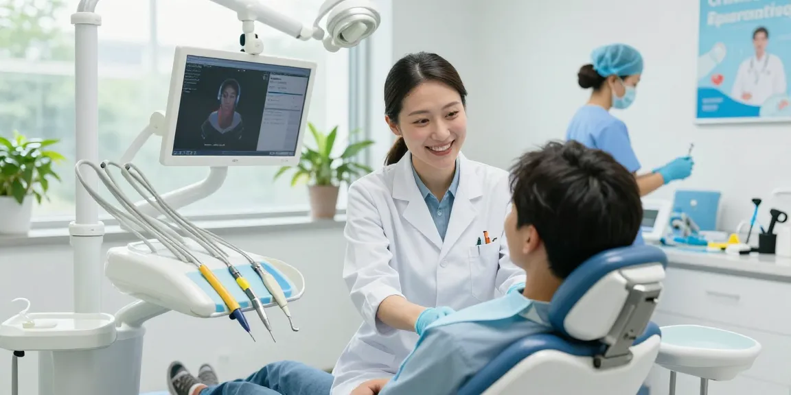 Discover more here at a bright dental clinic with a friendly dentist assisting a patient, showcasing inviting atmosphere.