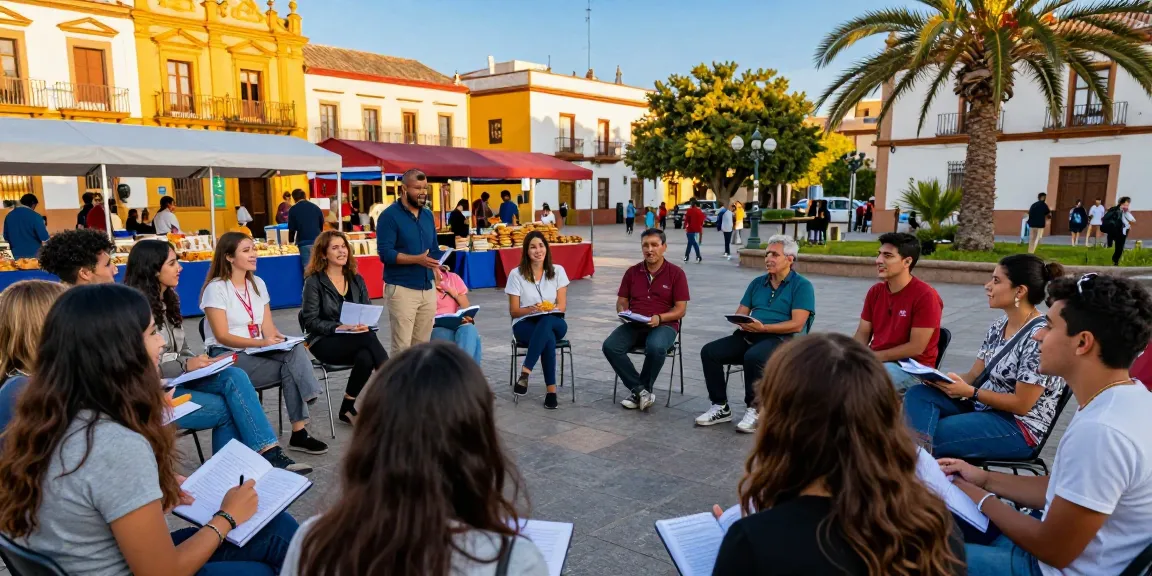 Estudiantes participando en cursos de español en España, practicando el idioma al aire libre en una vibrante plaza.