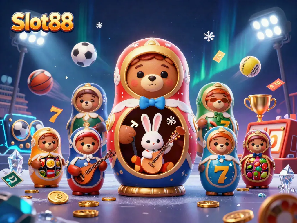 Visualisasi Slot88 dengan beruang Matryoshka dan simbol-simbol kasino dalam nuansa penuh warna dan energetik