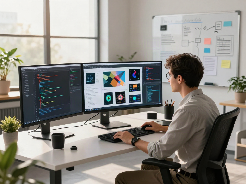 Analyze AI-generated visuals using the AI Image Detector in a modern workspace with multiple screens and natural lighting.