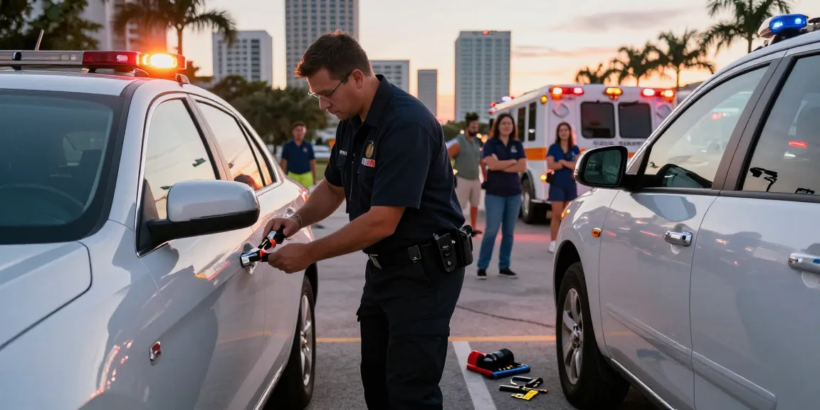 Emergency locksmith Fort Lauderdale unlocking a car with professional tools in an urban setting