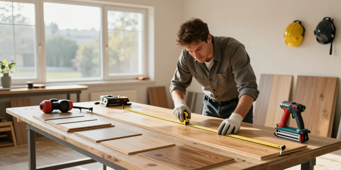 Flooring software used by technician while installing modern wooden planks in well-lit workspace.