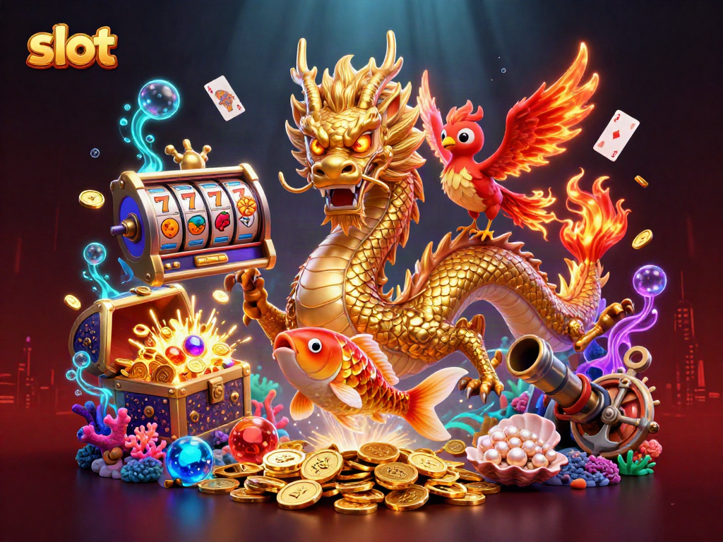 Spin the slot reels with a golden dragon, phoenix, and koi fish winning coins.