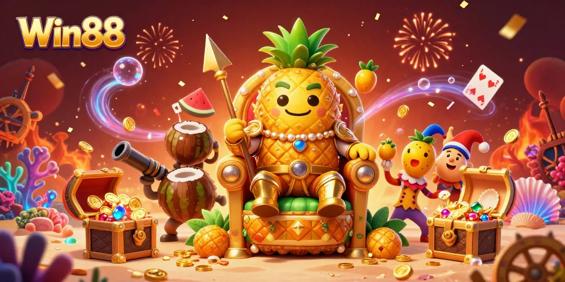 Experience the vibrant beach casino with Win88's golden pineapple king and exciting game elements.