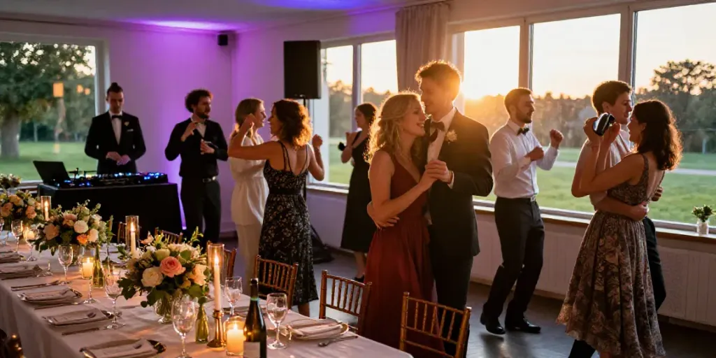 Joyful wedding reception with DJ in Berlin and Brandenburg, guests dancing and elegant decor.