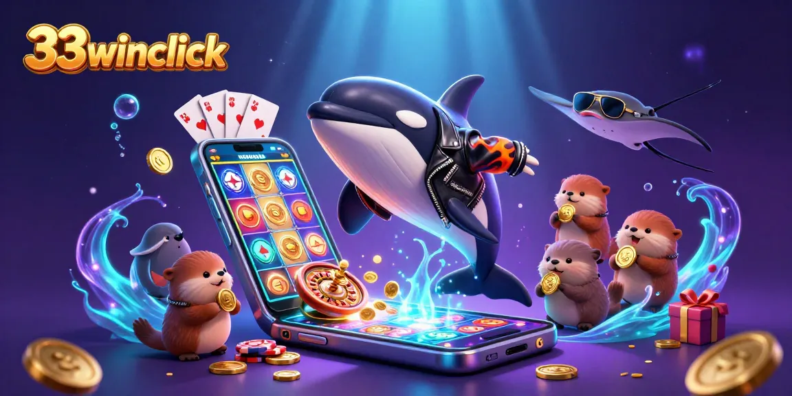Engage with the vibrant 33winclick casino world featuring a playful scene with sea creatures and gaming elements.