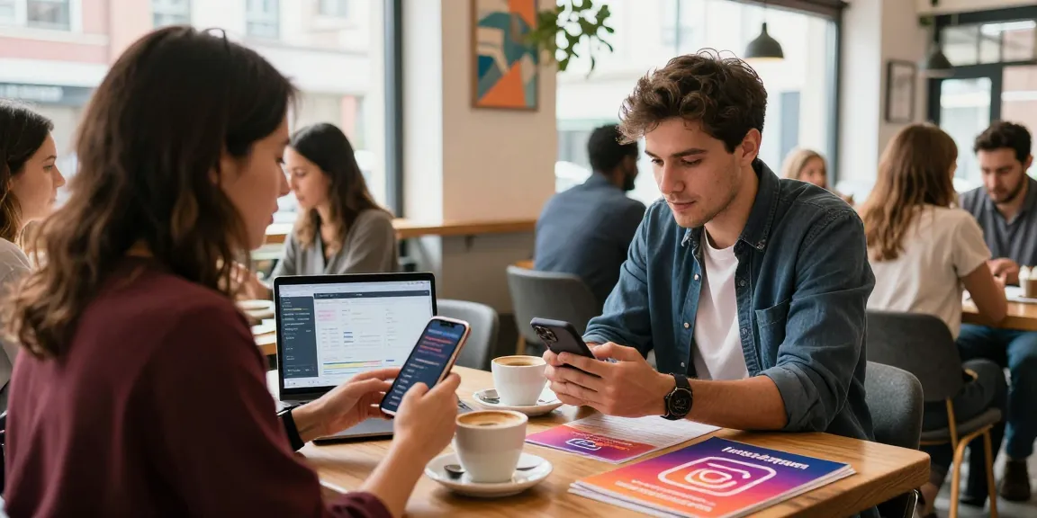 Buy followers Instagram in a lively café scene with an entrepreneur engaging on social media.