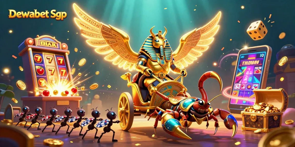 Dewabet Sgp showcases a vibrant casino scene with a golden scarab beetle, thrilling game elements, and dynamic energy.