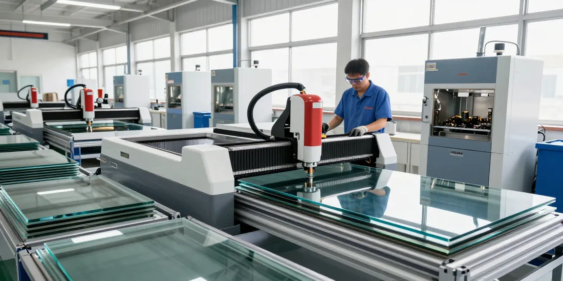Technician using a high-tech glass cutting machine in a professional workshop environment.