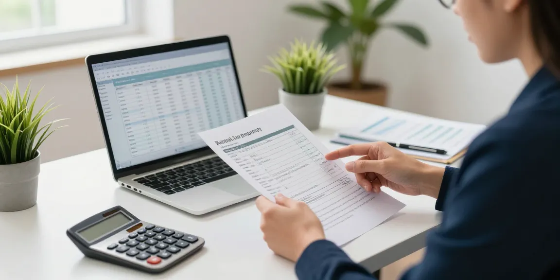 Rental Property Accountant assisting a landlord with tax documents in a bright office setting.