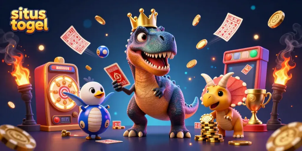Engaging cartoon scene featuring situs togel elements with a T-Rex shuffling cards and vibrant lottery symbols.