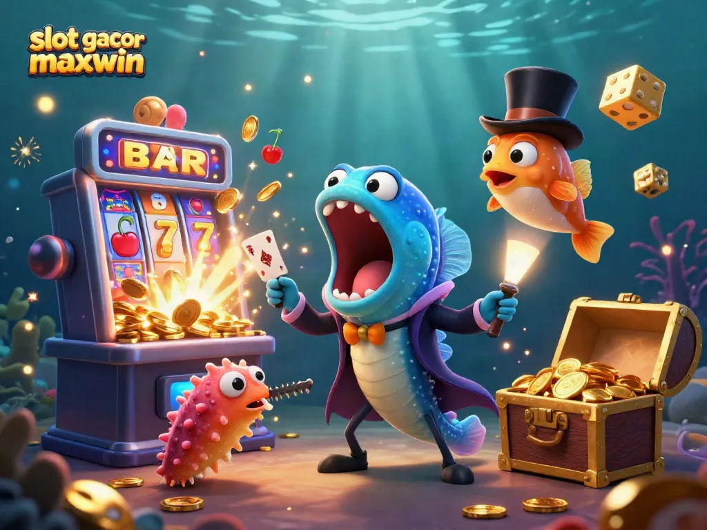Engage in the slot gacor maxwin thrill with a magical underwater casino scene featuring vibrant characters and exciting elements.