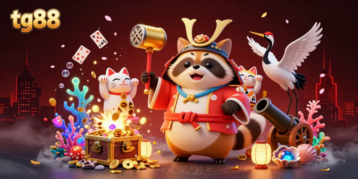 Spin winning slots with tg88’s vibrant 3D illustration featuring festive characters and casino elements.