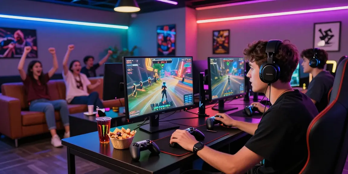Youth engaged in an intense kecak4d gaming match with vibrant displays.