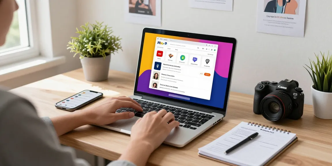 Buy eBay accounts online in a cozy workspace with vibrant graphics, laptop, and PayPal transaction.