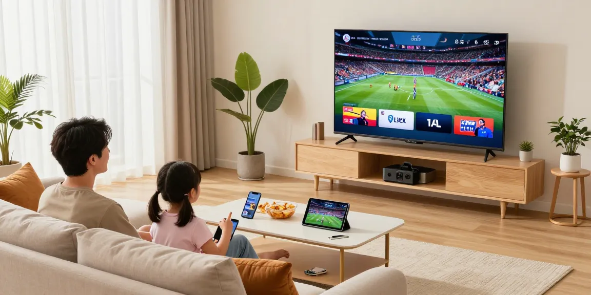 Family enjoying IPTV service in a cozy living room with vibrant entertainment options.