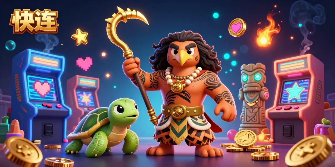 Experience fast connections with 快连, featuring a Maui-style hawk and a turtle sidekick in a colorful casino-themed illustration.