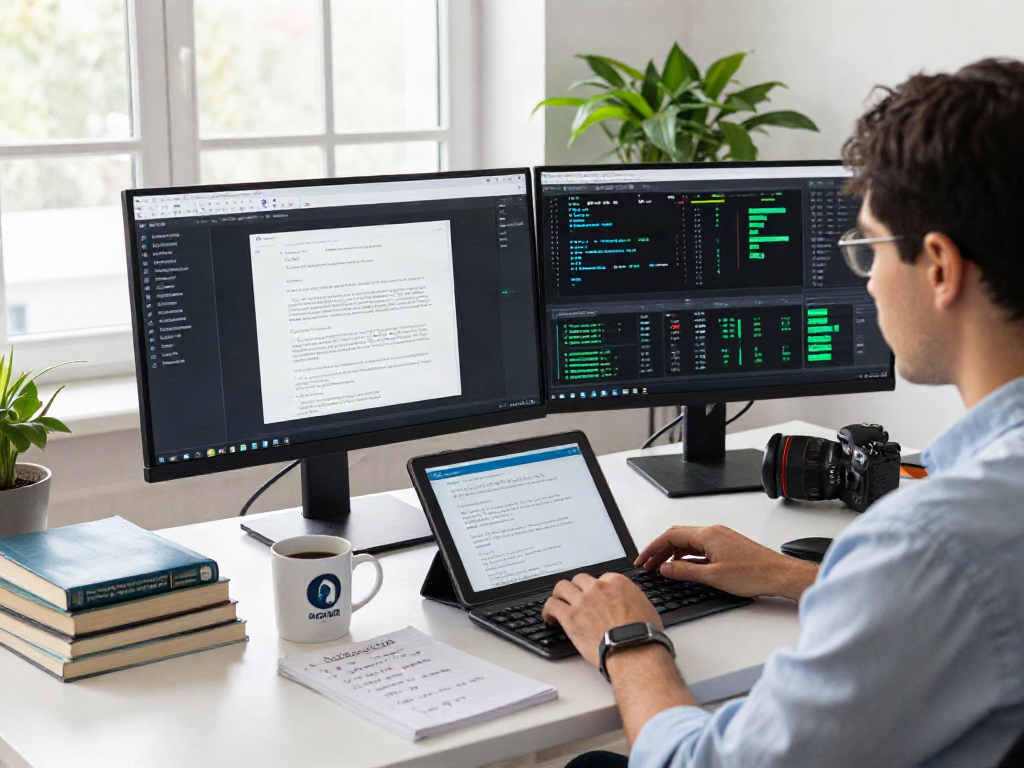 Document fraud detection analysis in a modern office workspace with dual monitors and cybersecurity tools.